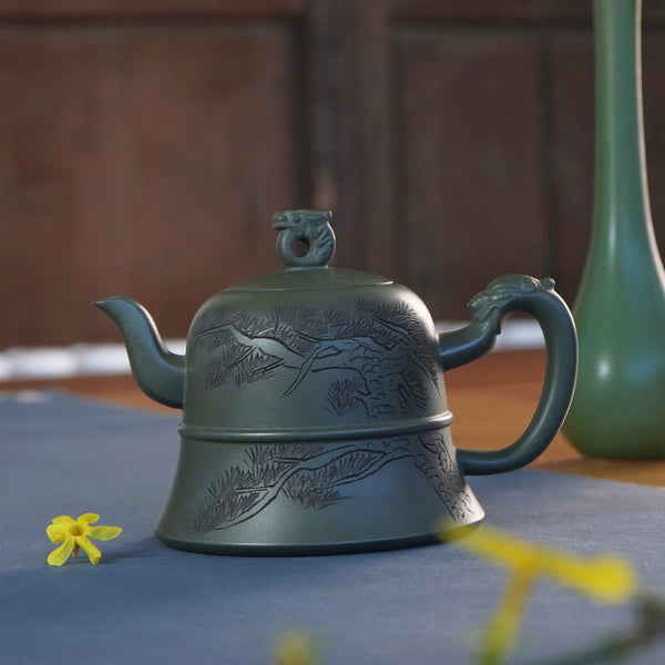 Jade Green Clay Dragon Head Bell Teapot / Mythical Beast Carvings 350CC