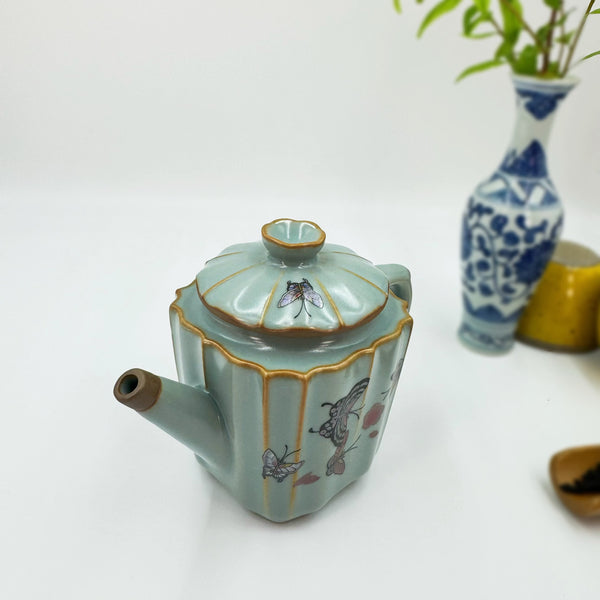 Zen Butterfly Ceramic Teapot - Jade Glaze & 24K Gold Artistry Teacup